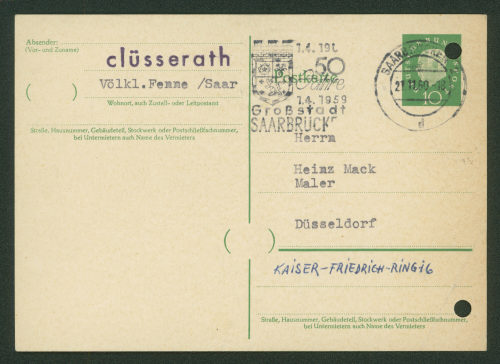 Neue Gruppe Saar (Absender*in), Korrespondenz von August Clüsserath, Neue Gruppe Saar, an Heinz Mack, 21.11.1960