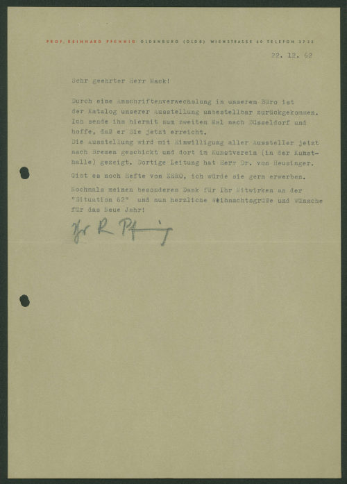Heinz Mack (Empfänger*in), Korrespondenz von Prof. Reinhard Pfennig an Heinz Mack, 22.12.1962