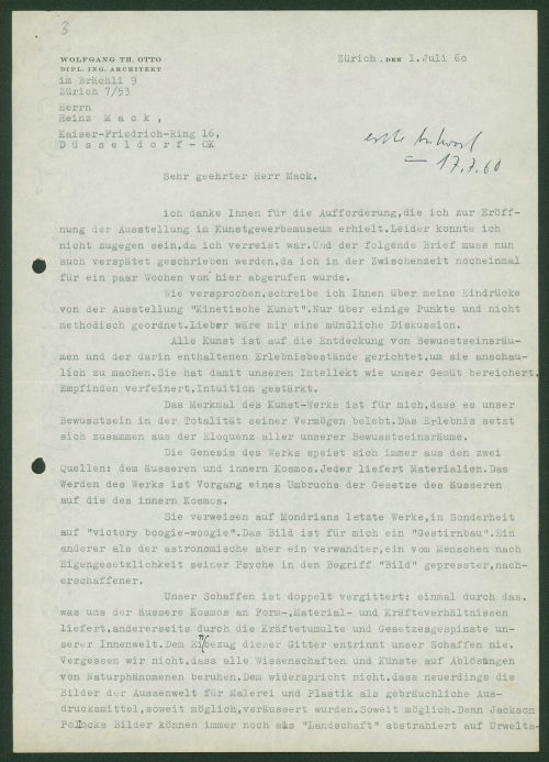 Heinz Mack (Empfänger*in), Korrespondenz von Wolfgang Th. Otto an Heinz Mack, 01.07.1960