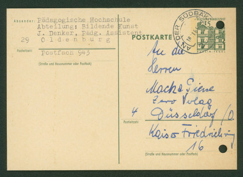 Pädagogische Hochschule (Absender*in), Korrespondenz von Pädagogische[r] Hochschule Oldenburg, Abteilung für Bildende Kunst an Heinz Mack und Otto Piene, 13.11.1965