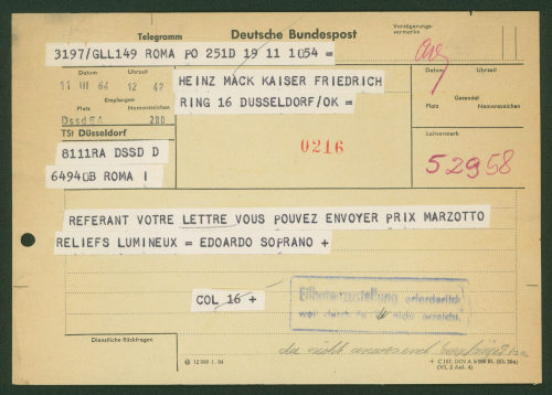 Heinz Mack (Absender*in), Korrespondenz von Heinz Mack an Edoardo Soprano, 11.03.1964