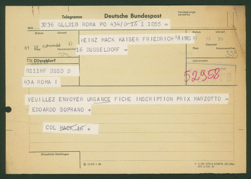 Korrespondenz von Edoardo Soprano an Heinz Mack