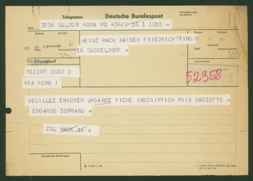 Heinz Mack (Empfänger*in), Korrespondenz von Edoardo Soprano an Heinz Mack, 01.04.1964