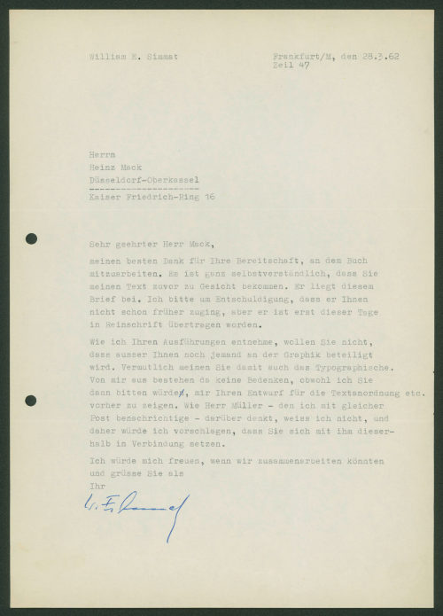 William E. Simmat (Absender*in), Korrespondenz von William E. Simmat an Heinz Mack, 28.03.1962