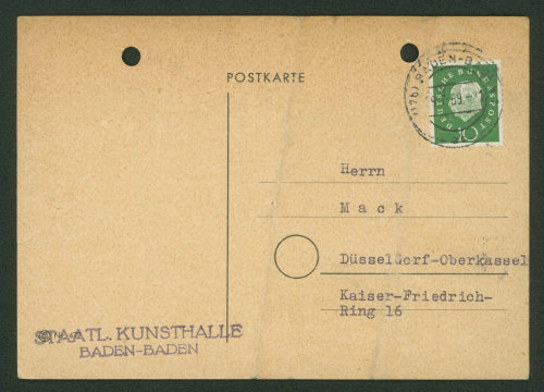 Staatliche Kunsthalle Baden-Baden (Absender*in), Korrespondenz von Staatliche Kunsthalle Baden-Baden an Heinz Mack, 29.07.1959