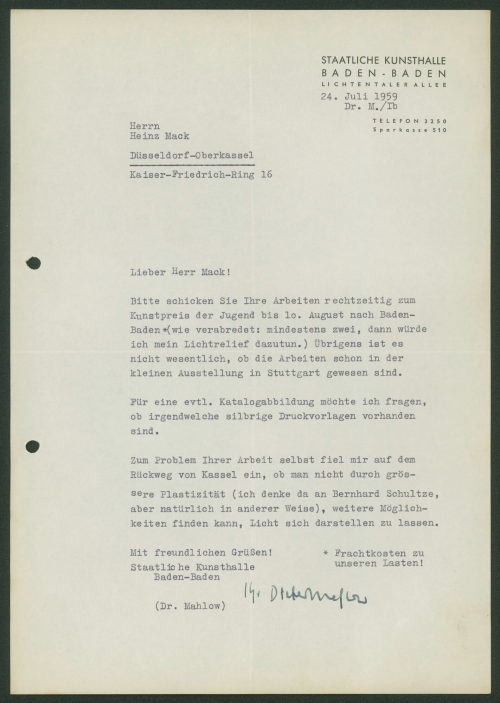 Staatliche Kunsthalle Baden-Baden (Absender*in), Korrespondenz von Staatliche Kunsthalle Baden-Baden an Heinz Mack, 24.07.1959