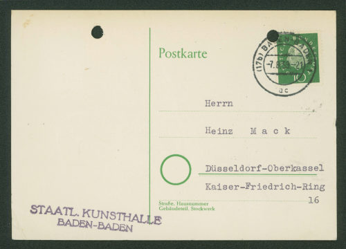 Heinz Mack (Empfänger*in), Korrespondenz von Staatliche Kunsthalle Baden-Baden an Heinz Mack, 07.08.1959