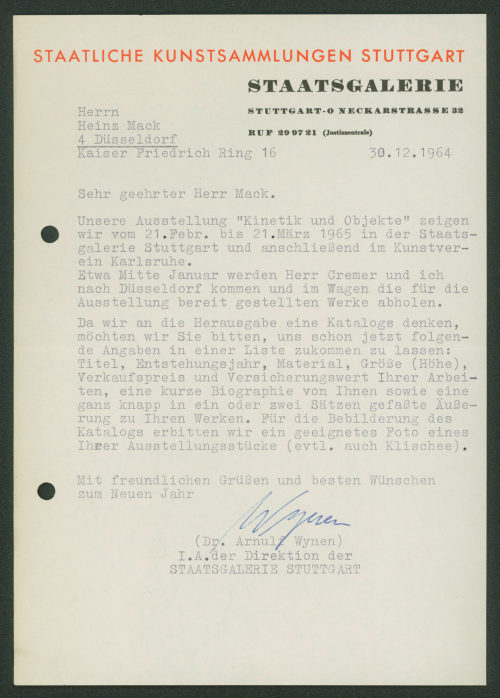 Staatsgalerie Stuttgart (Absender*in), Korrespondenz von Staatsgalerie Stuttgart an Heinz Mack, 30.12.1964