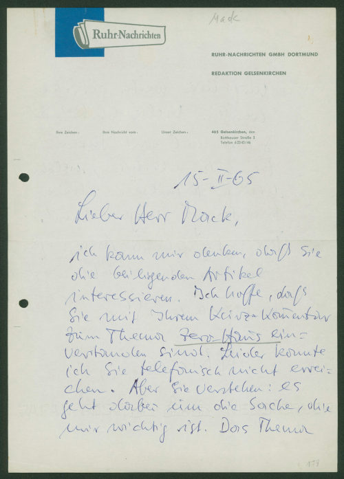 Ruhr-Nachrichten <Dortmund> (Absender*in), Korrespondenz von Ruhr-Nachrichten Dortmund an Heinz Mack, 15.02.1965