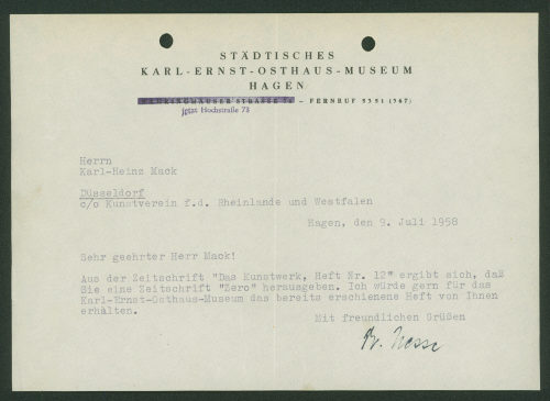 Osthaus Museum Hagen (Absender*in), Korrespondenz von Städtisches Karl-Ernst-Osthaus-Museum Hagen an Heinz Mack, 09.07.1958