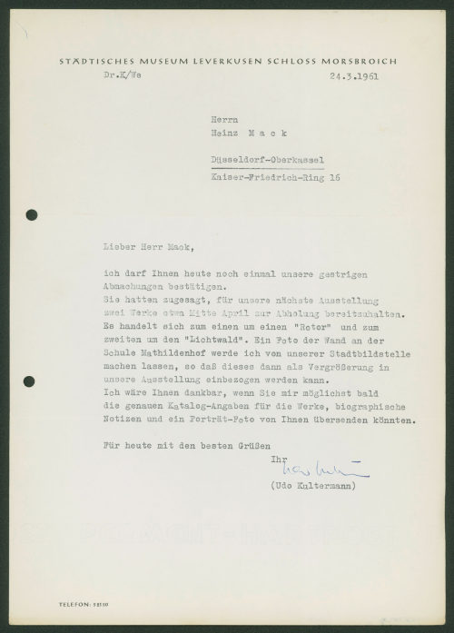 Städtisches Museum Leverkusen Schloss Morsbroich (Absender*in), Korrespondenz von Städtisches Museum Leverkusen Schloss Morsbroich an Heinz Mack, 24.03.1961