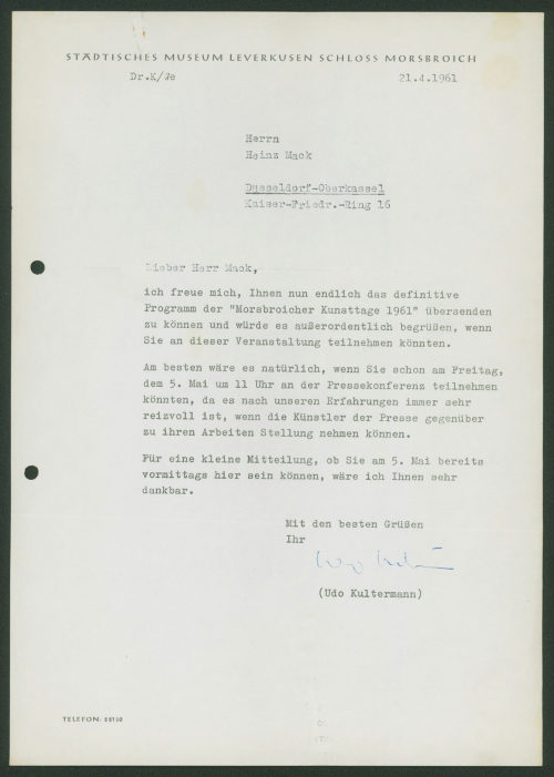 Städtisches Museum Leverkusen Schloss Morsbroich (Absender*in), Korrespondenz von Städtisches Museum Leverkusen Schloss Morsbroich an Heinz Mack, 21.04.1961