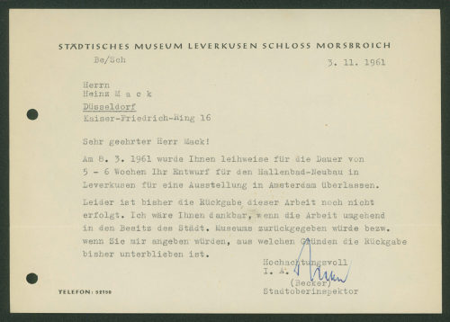 Städtisches Museum Leverkusen Schloss Morsbroich (Absender*in), Korrespondenz von Städtisches Museum Leverkusen Schloss Morsbroich an Heinz Mack, 03.11.1961