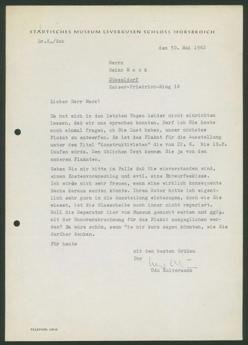 Städtisches Museum Leverkusen Schloss Morsbroich (Absender*in), Korrespondenz von Städtisches Museum Leverkusen Schloss Morsbroich an Heinz Mack, 30.05.1962
