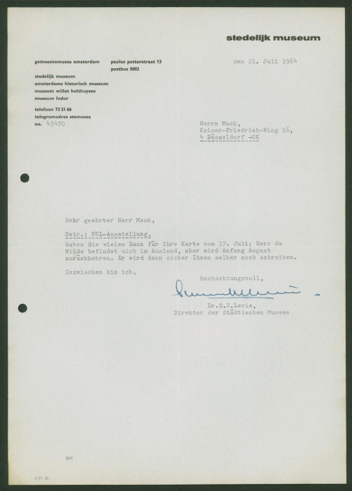 Stedelijk Museum (Absender*in), Korrespondenz von Stedelijk Museum Amsterdam an Heinz Mack, 21.07.1964