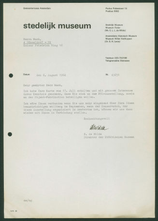 Korrespondenz von Stedelijk Museum Amsterdam an Heinz Mack
