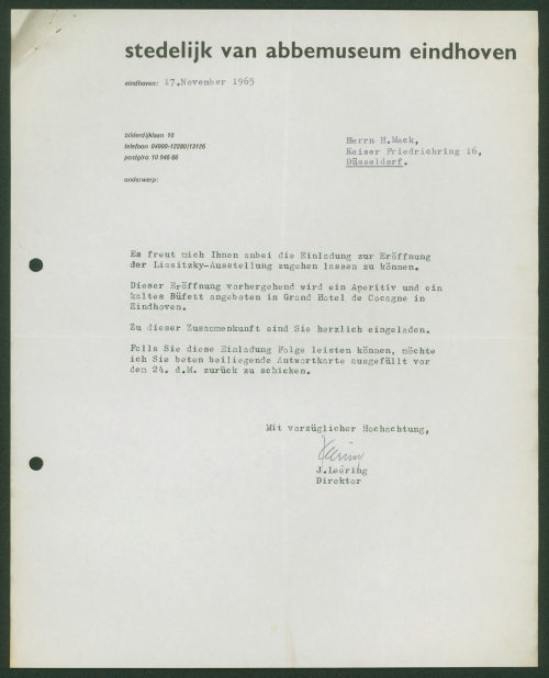 Heinz Mack (Empfänger*in), Korrespondenz von Stedelijk van Abbemuseum Eindhoven an Heinz Mack, 17.11.1965