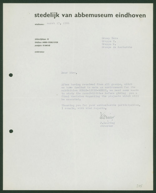 Van Abbemuseum (Absender*in), Korrespondenz von Stedelijk van Abbemuseum Eindhoven an Gruppe ZERO, 17.03.1966