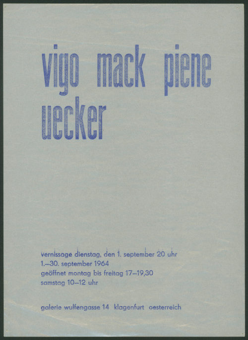 Galerie Wulfengasse (Beteiligte Institution), Vigo, Mack, Piene, Uecker. Galerie Wulfengasse 14, Klagenfurt, 01.-30.09.1964, 1964