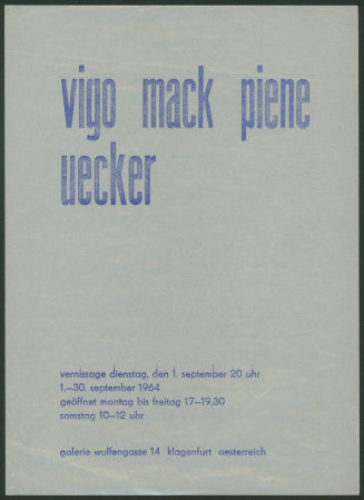 Vigo, Mack, Piene, Uecker. Galerie Wulfengasse 14, Klagenfurt, 01.-30.09.1964