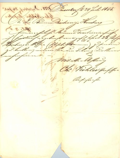 Christian Köhler (Absender*in), Korrespondenz von Christian Köhler an die Brunnen-Verwaltung zu Bad Homburg v. d. H, 24.07.1853