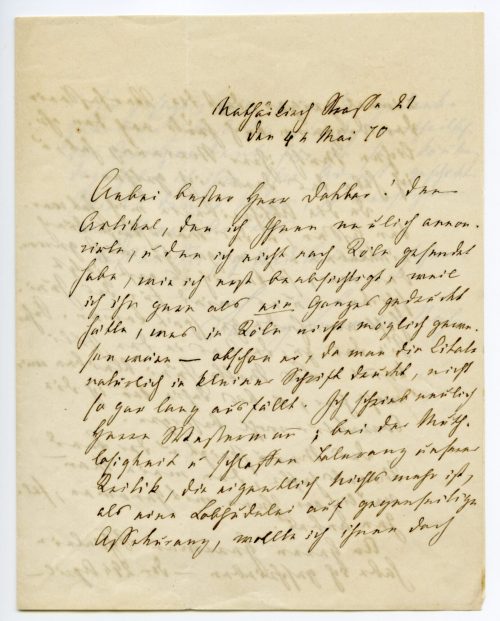 Brief von Fanny Lewald-Stahr, 1870, 1. Seite