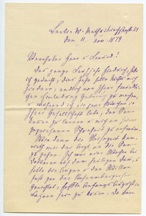 Brief von Fanny Lewald-Stahr, 1879, 1.Seite