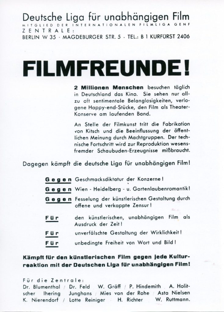 Aufruf der 'Deutschen Liga für unabhängigen Film', 1930