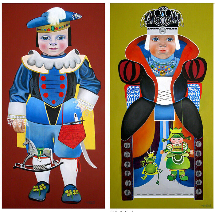 Prinz mit Schaukelpferd und Prinzessin mit Frosch", 2011/12, Acryl, Lw., je Bild 50 x 100 cm