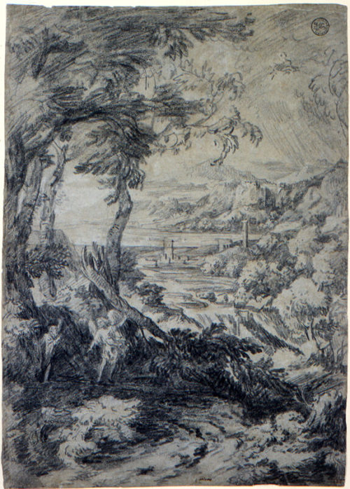 Gaspard Dughet (Künstler*in), Landschaft mit dem Propheten Elias und dem Engel auf dem Berge Horeb, ca. 1660