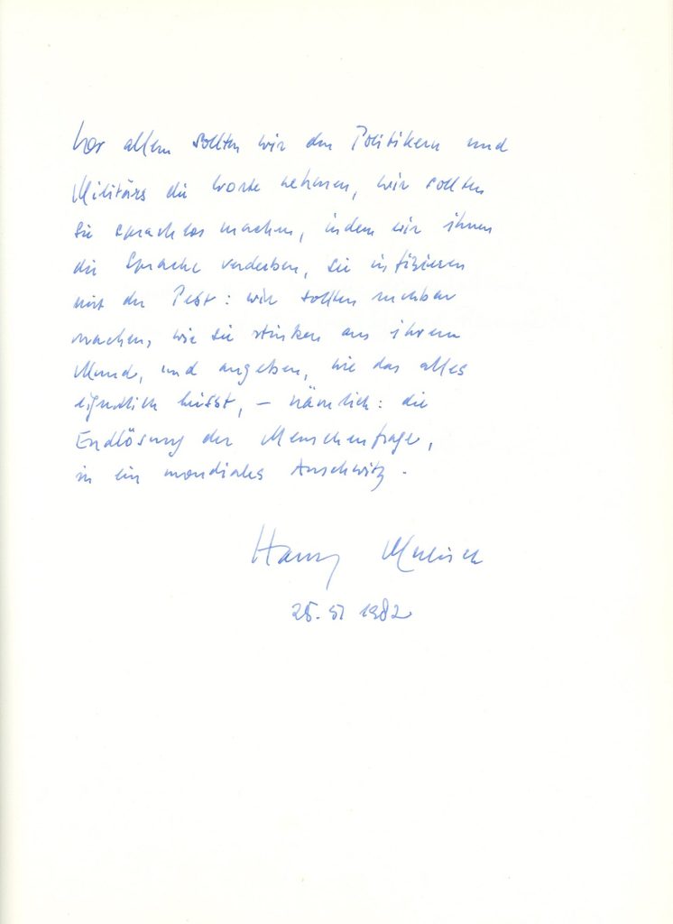 Widmung von Harry Mulisch im Gästebuch des Haager Treffens, 1982