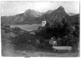 Johann Adolf Lasinsky, Dorf am Gebirgssee, 1843, Kunstpalast, Düsseldorf, Inv.-Nr. M 4351