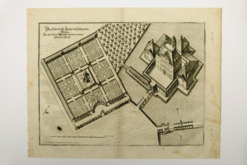 Johann Gregor Memhardt (Vorlage von), Das Churfürstl: Hauß und Lustgarten Bötzau,  von Ihr Churf: Alt. Selbst nunmehr genant Oranien Burgk, 1652