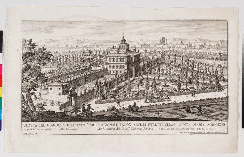 Giovanni Battista Falda (Vorlage von), Veduta des Giardino dell Emint. Mosig. Cardinale Paolo Savelli Peretti verso Santa Maria Maggiore, um 1665-1669
