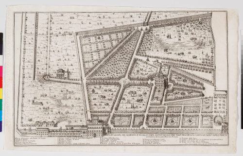 Giovanni Battista Falda (Vorlage von), Pianta et alzata del Giardino e Vigna di Papa Sisto V. Hoggi dell Emm. Principe il Sig. Cardinale Paolo Savelli Peretti, um 1665-1669