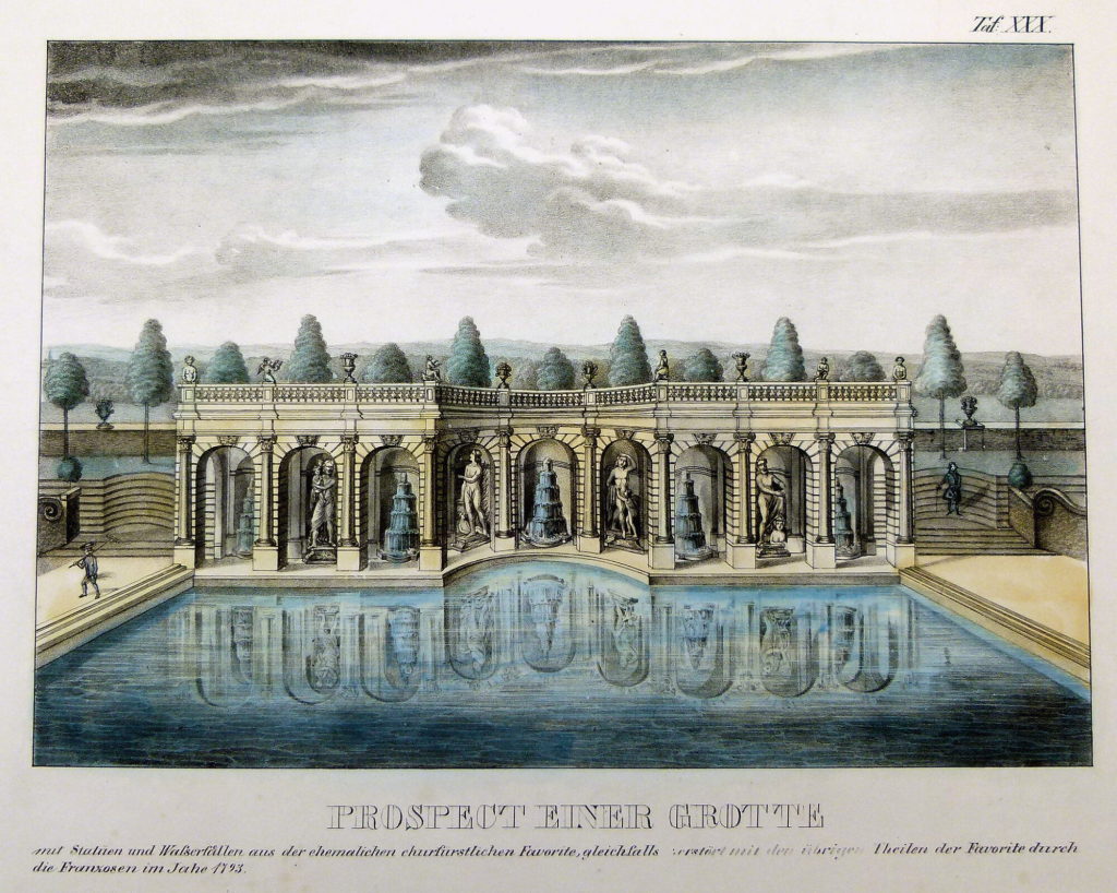 Prospect einer Grotte mit Statüen und Wasserfällen aus der ehemaligen churfürstlichen Favorite, gleichfalls zerstört mit den übrigen Theilen der Favorite durch die Franzosen im Jahre 1793