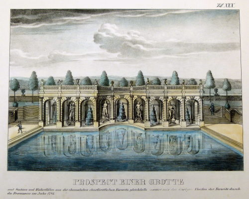 Dionis Wasserburg (Herausgeber*in), Prospect einer Grotte mit Statüen und Wasserfällen aus der ehemaligen churfürstlichen Favorite, gleichfalls zerstört mit den übrigen Theilen der Favorite durch die Franzosen im Jahre 1793, 1842