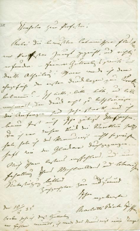 Brief von Charlotte Birch-Pfeiffer an einen Herrn Professor, 1. Seite