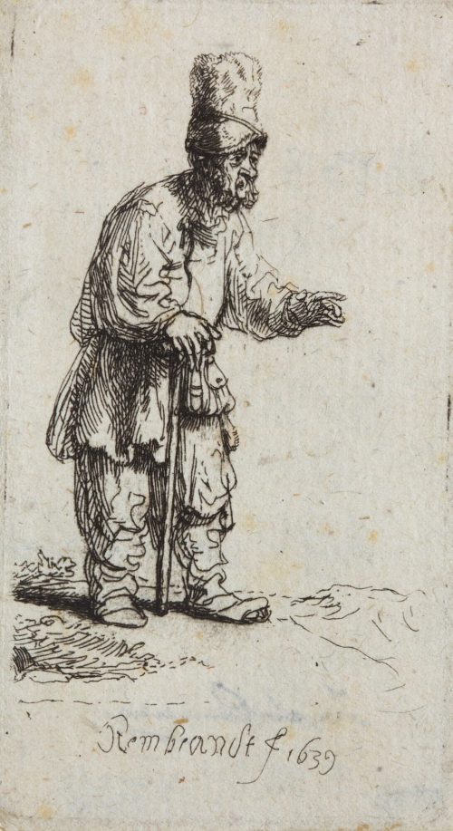 Rembrandt Harmenszoon van Rijn (Künstler*in), Ein Bauer mit einer hohen Mütze, sich auf einen Stock stützend, 1639