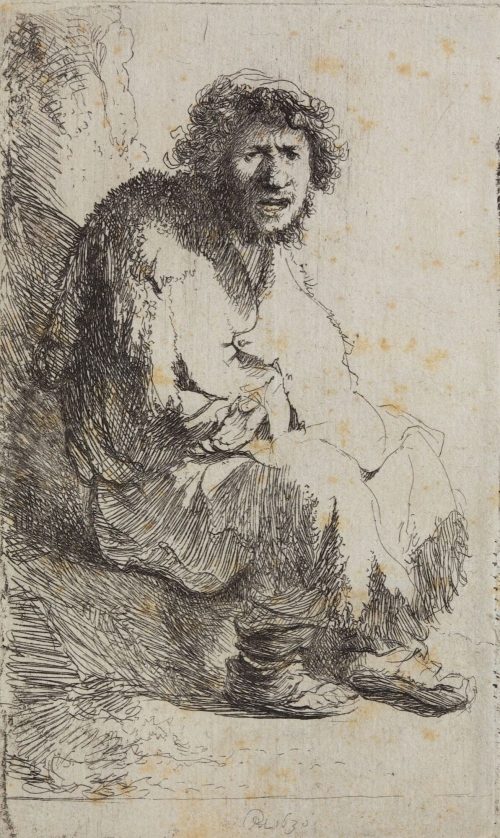 Rembrandt Harmenszoon van Rijn (Künstler*in), Auf einer Bank sitzender Bettler mit Portraitzügen des Künstlers, 1630