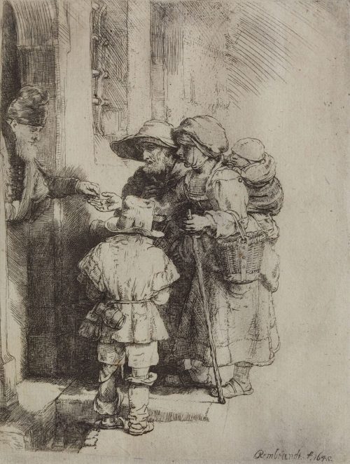 Rembrandt Harmenszoon van Rijn (Künstler*in), Ein blinder Leierkastenspieler und seine Familie Almosen erbittend, 1648