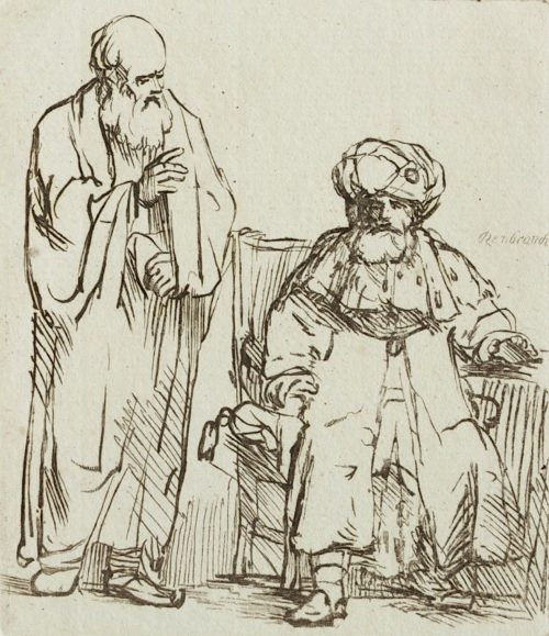 Matthys Pool (Stecher*in), Ein Mann in orientalischer Tracht im Lehnstuhl, neben ihm ein Greis stehend, 1690–1730