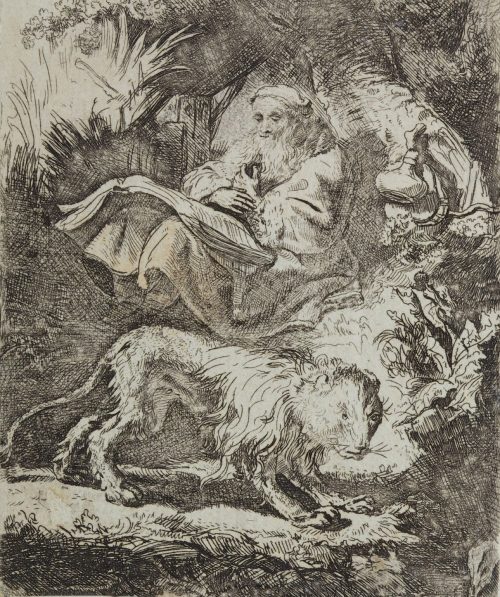 Rembrandt Harmenszoon van Rijn (Künstler*in), Der heilige Hieronymus, am Fuß eines Baumes lesend, 1634