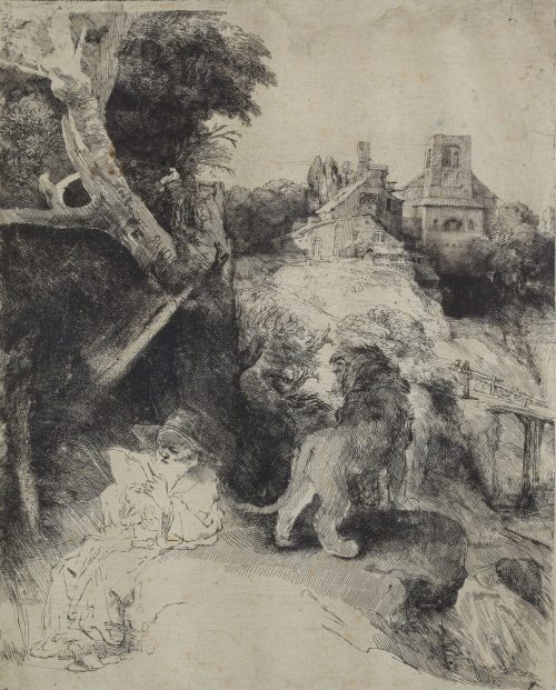 Rembrandt Harmenszoon van Rijn (Künstler*in), Der lesende hl. Hieronymus in italienischer Landschaft, um 1653