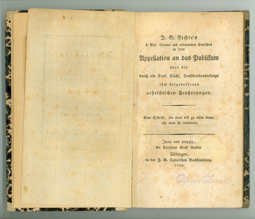 Titelblatt von Johann Gottlieb Fichtes Appellation an das Publikum