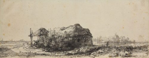 Rembrandt Harmenszoon van Rijn (Künstler*in), Landschaft mit Hütten und einem Heuschober, 1641