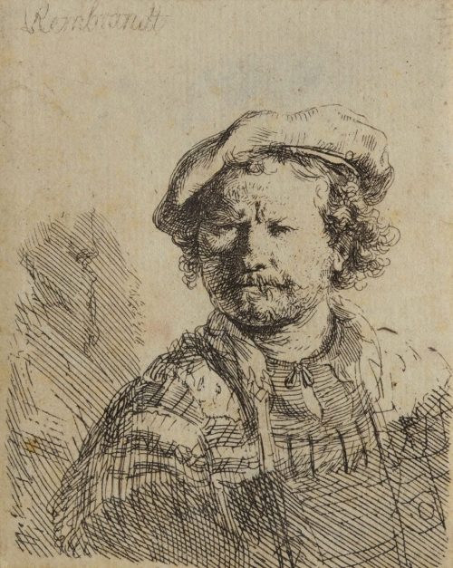 Rembrandt Harmenszoon van Rijn (Künstler*in), Selbstbildnis mit der flachen Kappe und besticktem Gewand, um 1642