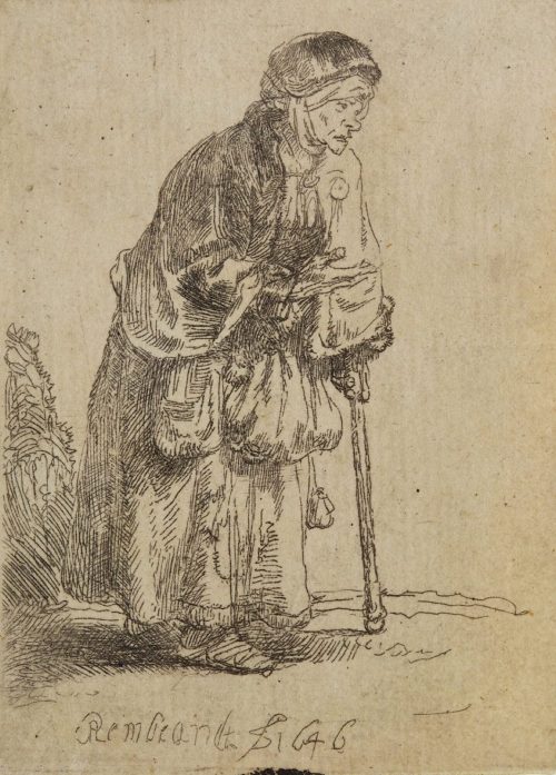 Rembrandt Harmenszoon van Rijn (Künstler*in), Bettlerin gegen einen Stock lehnend, 1646