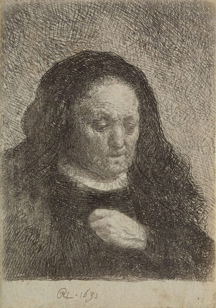 Rembrandts Mutter mit einer Hand auf der Brust