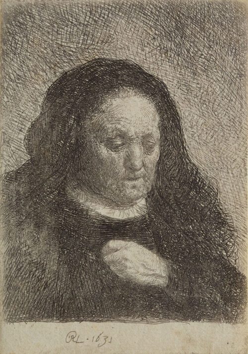 Rembrandt Harmenszoon van Rijn (Künstler*in), Rembrandts Mutter mit einer Hand auf der Brust, 1631